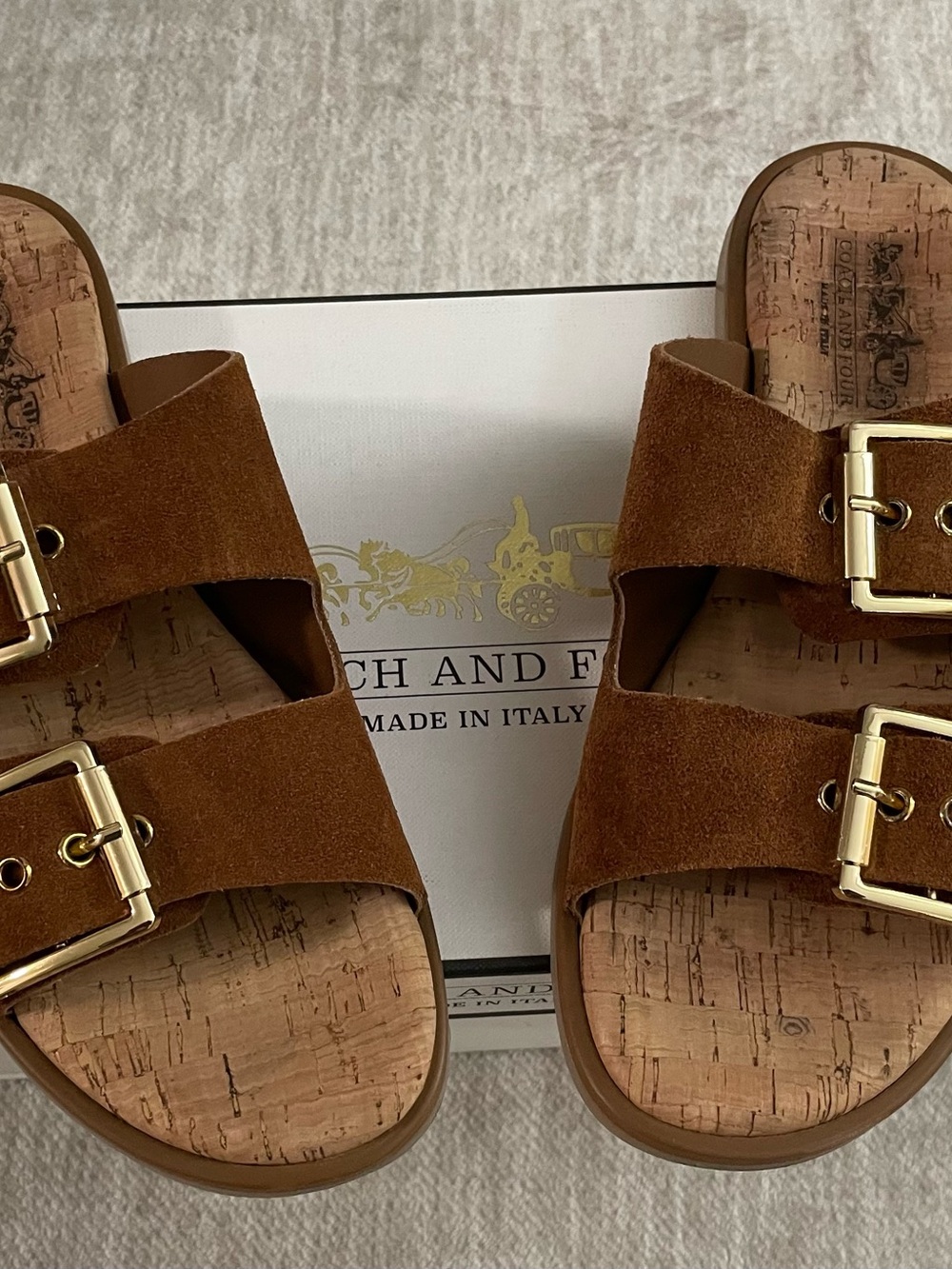 Coach Cognac Suede Double-Buckle Cork Footbed Sandals
